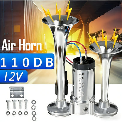 Dual Trumpet Electric Air Horn 110dB 12V Chrome for Car Truck Boat SUV Motorcycle – Loud Horn Kit with Compressor & Mounting Hardware