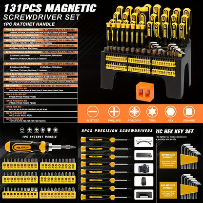 A 131pcs Magnetic Screwdriver Kit Featuring a Plastic Organizer, Which Comes with a Precision Screwdriver, Pick And Hook, Ratchet Driver, And Hex Key, Making It a Great Gift Option