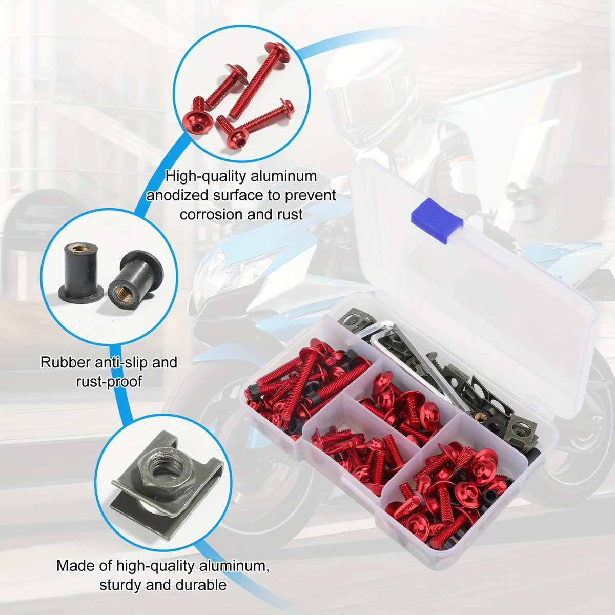 Motorcycle Fairing Bolt Kit 177pcs – CNC Anodized Aluminum Body Screws, Universal Fit | Black, Blue, Red