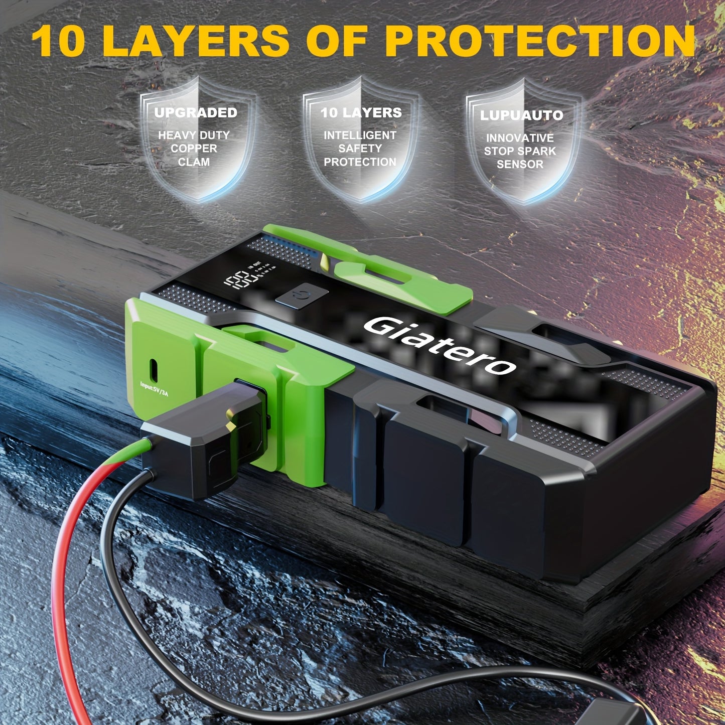 Portable Car Emergency Starter Power Supply, Equipped with an Air Compressor Tire Inflator, Suitable for Up to 3.7gal Gasoline Engines And 3.17gal Diesel Engines, And Specifically Designed for 12V Trucks And Cars As an Emergency Starter Power Supply