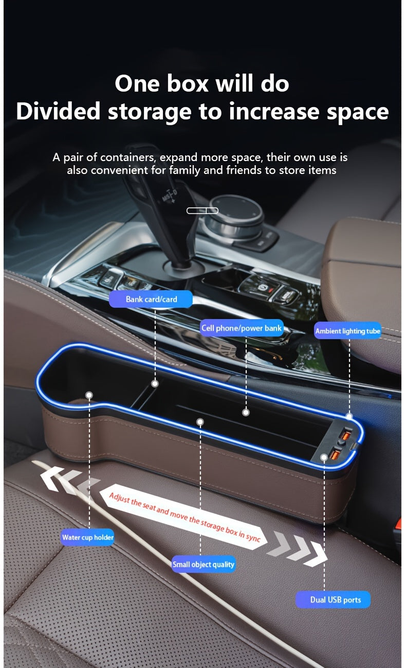 1pc/2pcs Car Seat Gaps Storage Box, Mobile Phone Holder Charger, Sundries Organizer Box with Atmosphere Light, Car Interior Accessories
