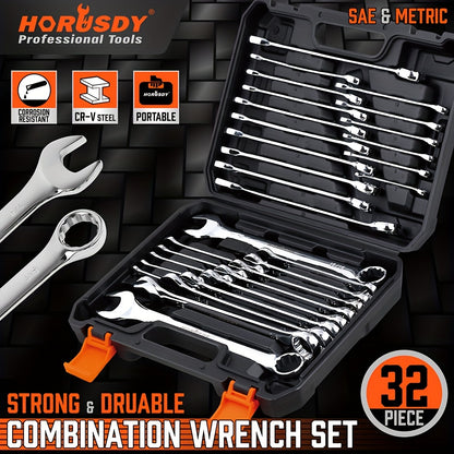 32pcs Combination Wrenches Featuring Both Box And Open Ends, Suitable for Standard Sizes in SAE And Metric Ranging from 1/4" to 1" And 7Mm to 22Mm, Made from Chrome Vanadium Steel And Comes with a Case