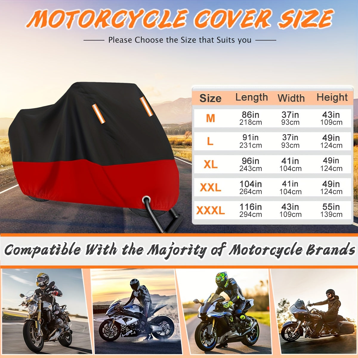 Motorcycle Cover, 210D Oxford Cloth All Weather Outdoor Wind And Sun Protection with Reflective Stripes for Harley Davidson for HONDA for SUZUKI Kawasaki Yamaha (Black And Red)