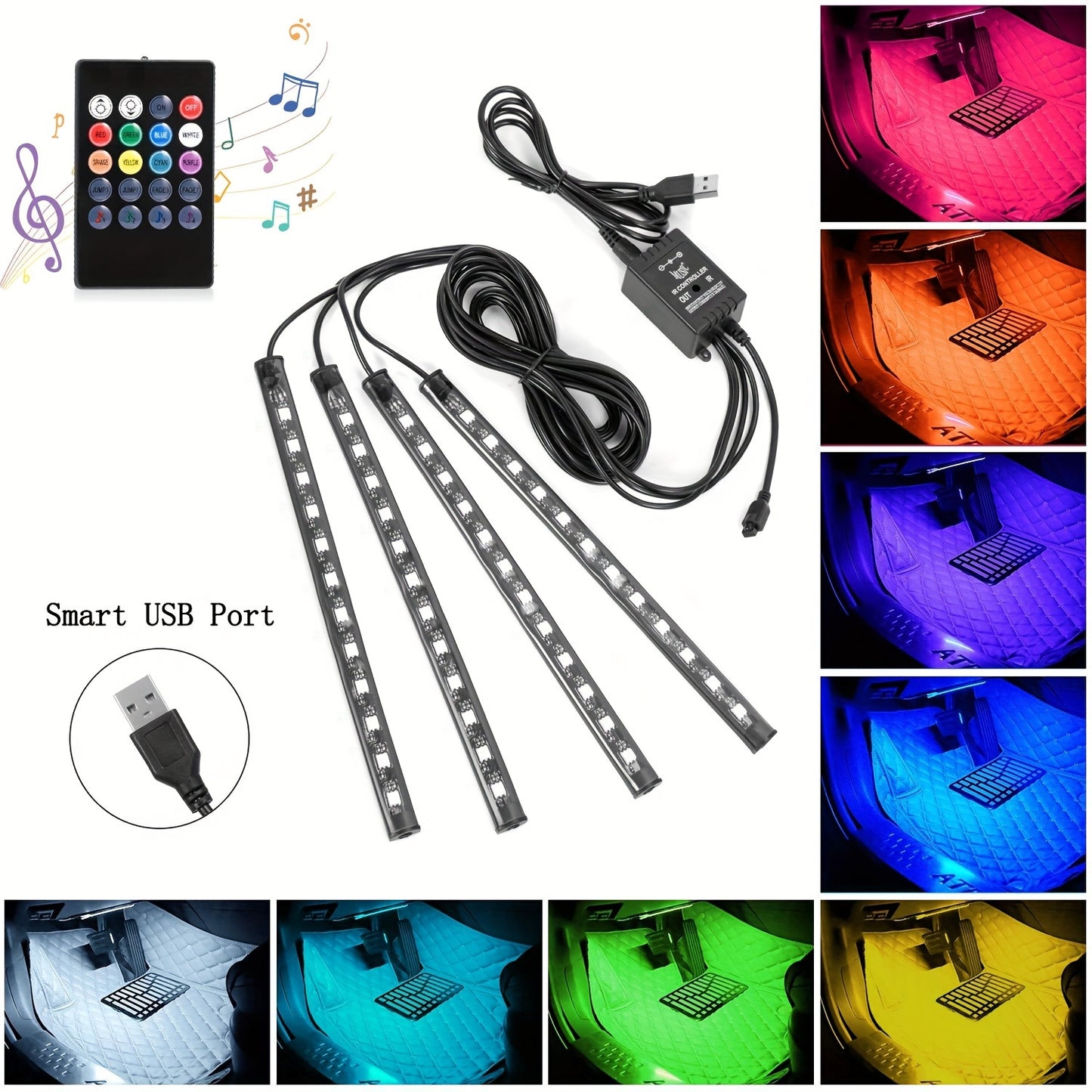 [RGB Decorative Lights] USB DC 5V 48Leds Car Interior Lighting Flexible Neon LED Ambient Light Backlight Music Control RGB Decorative Atmosphere Lights, Without Battery