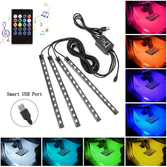 [RGB Decorative Lights] USB DC 5V 48Leds Car Interior Lighting Flexible Neon LED Ambient Light Backlight Music Control RGB Decorative Atmosphere Lights, Without Battery