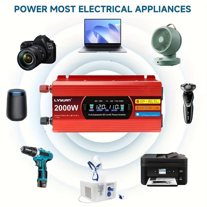 [Car Power Inverter] LVYUAN 200W/1000W/3000W Car Power Inverter DC 12V to 110V AC Converter with LCD Display Dual AC Outlets And Dual USB Car Charger for Car Home Laptop Truck Boat Red