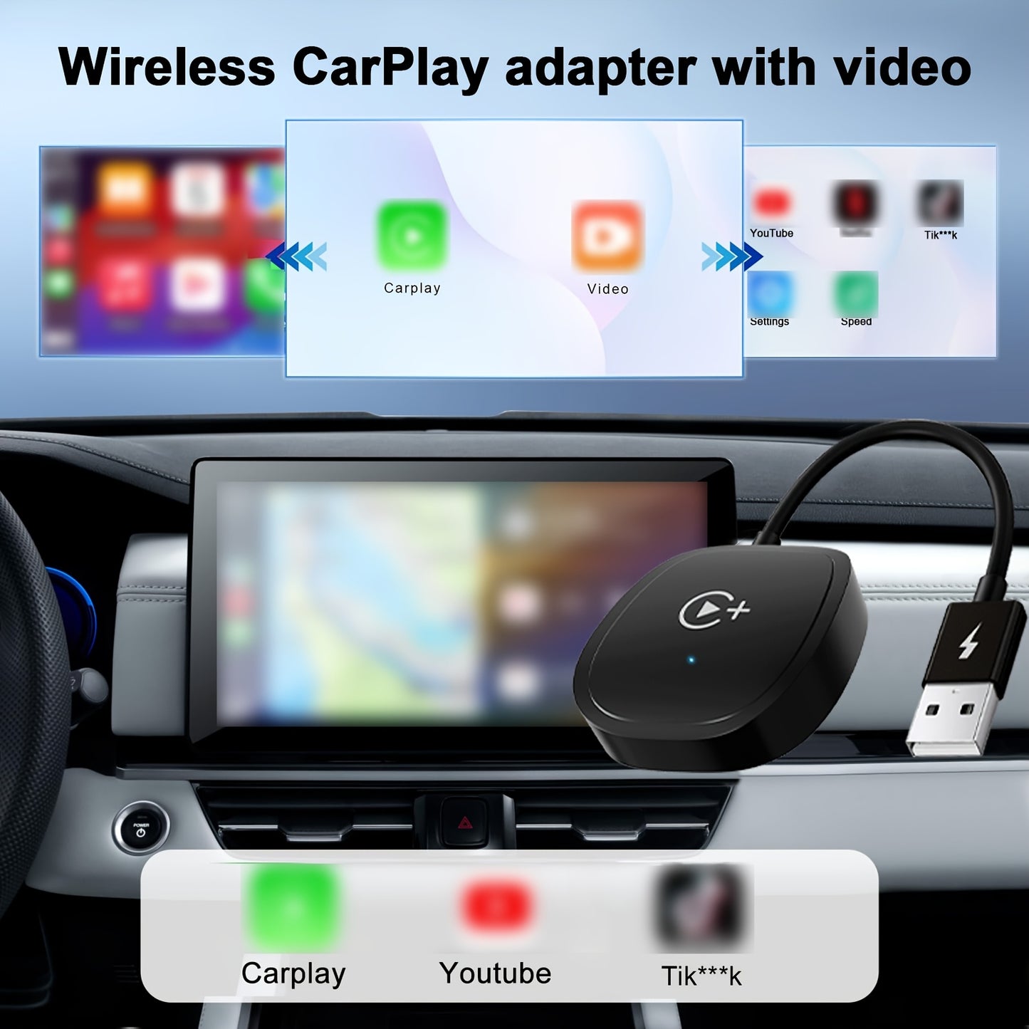Wireless Carplay Adapter, 2.4G Wireless And 5Ghz Wifi Dual Band, Supports Netflix, Youtube, And Streaming, for OEM Wired Carplay to Wireless Adapter, for 2016 And Above Cars And Ios 10+ Phones