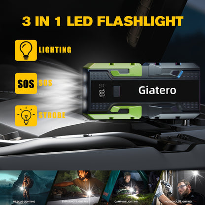 Portable Car Emergency Starter Power Supply, Equipped with an Air Compressor Tire Inflator, Suitable for Up to 3.7gal Gasoline Engines And 3.17gal Diesel Engines, And Specifically Designed for 12V Trucks And Cars As an Emergency Starter Power Supply