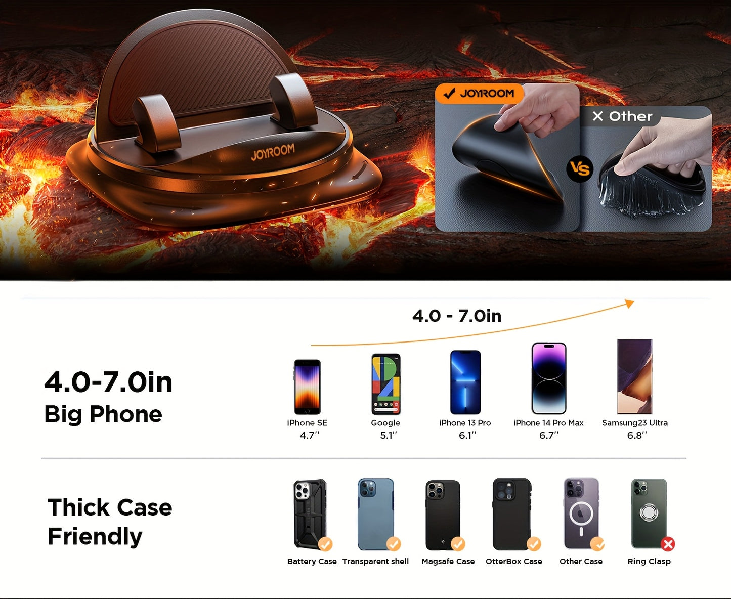JOYROOM  Phone Holder Mount - Rotatable Dash-Mounted Holders, Non-Slip, ABS,, Heat , Spring-Loaded Grip for iPhone,  & Smartphones