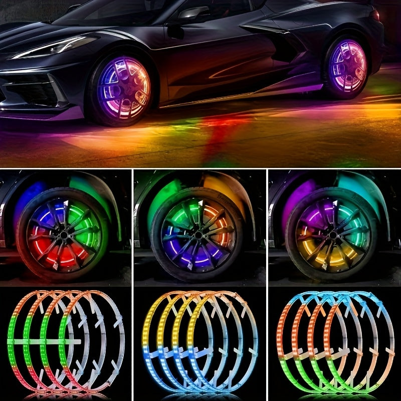 [Remote Control LED Lights] 4pcs Car Wheel Lights, Remote Control With Flashing Modes, LED Wheel Ring Lights For Trucks Cars SUV Pickup Vehicles Offroad, Equipped With Seven-Color Dazzling Light Function, Car Rim Light, Without Battery
