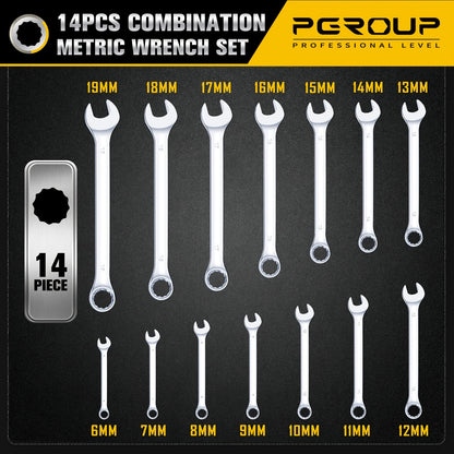 32pcs SAE & Metric Combo Wrench Set (20 Long & 12 Short-Reach Wrenches), 14pcss Premium Metric (6 - 19mm) & 14pcss SAE (1/4" - 15/16") Combo Wrenches With Open & 12-Point Box Ends, CR-V Steel, Mirror Chrome Polished