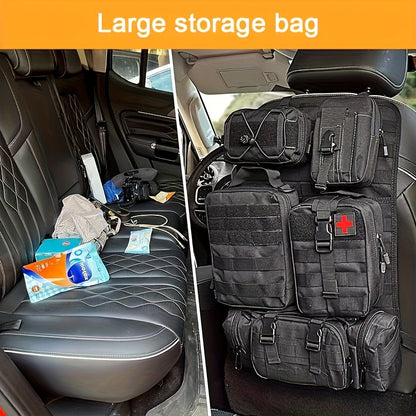6pcs Set - Heavy-Duty MOLLE Tactical Car Seat Organizer Pouch with Adjustable Fasteners and Thickened Back Panel - Suitable for Jeeps, Trucks, SUVs - Premium Vehicle Storage System, Durable Nylon Bag for Gear, First Aid, and Tools - Car Trunk Lid