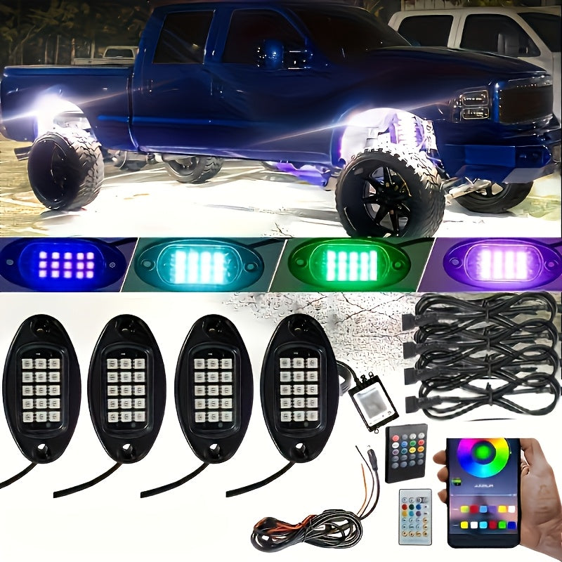 RGB-IC LED Rock Light Kit 4 or 8 Pods, APP & RF Control, Chasing Dream Color Underglow Downlight with Music Mode, 12V for Truck UTV Golf Cart Off-Road Vehicle