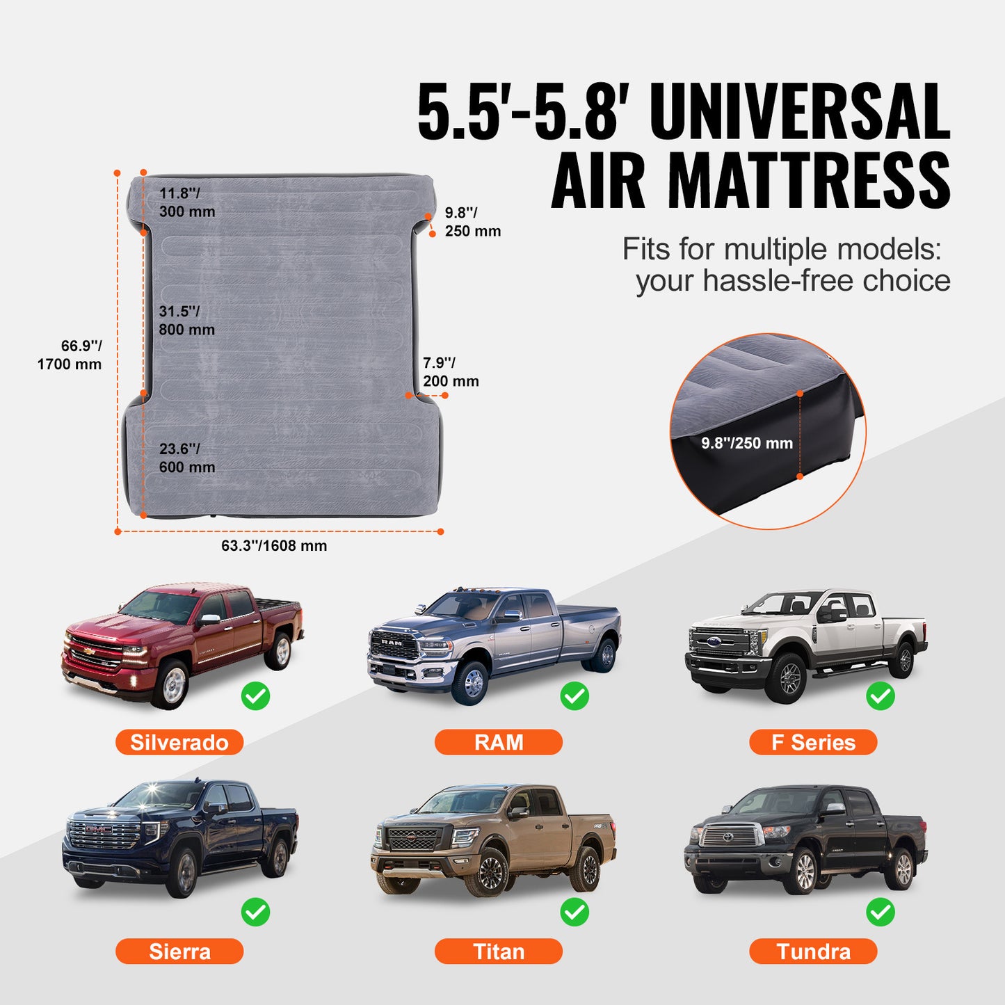 VEVOR Truck Bed Air Mattress 5.5-5.8 ft Full-Size Short Bed Inflatable with Pump