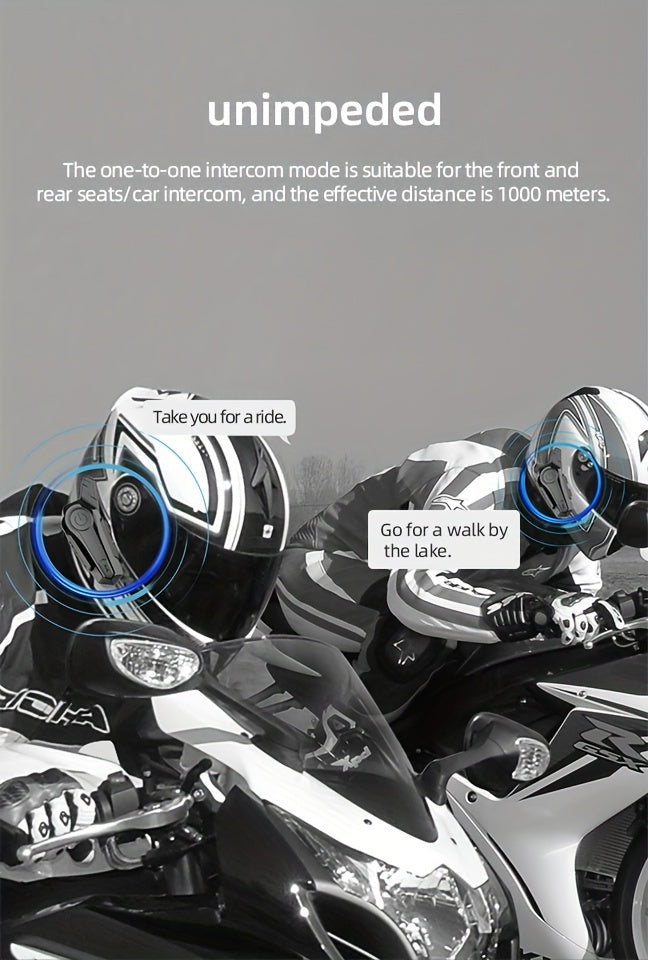 The Wireless Intercom Headset for Motorcycle Helmets Supports Real-Time Communication for Two People And Is, Compatible with Full-Face, Three-Quarter, And Open-Face Helmets.