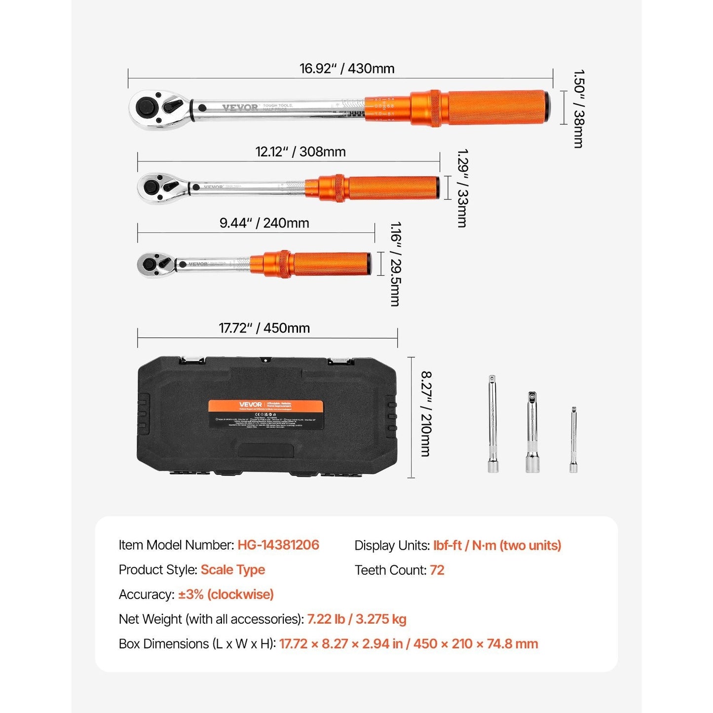 Click Torque Wrench Set 3 Pcs 1/4 3/8 1/2 Inch Drive Dual-direction 72-Tooth