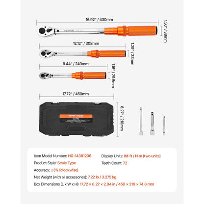 Click Torque Wrench Set 3 Pcs 1/4 3/8 1/2 Inch Drive Dual-direction 72-Tooth