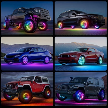 [Remote Control LED Lights] 4pcs Car Wheel Lights, Remote Control With Flashing Modes, LED Wheel Ring Lights For Trucks Cars SUV Pickup Vehicles Offroad, Equipped With Seven-Color Dazzling Light Function, Car Rim Light, Without Battery