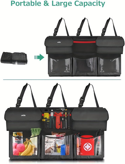 Rear Seat Trunk Organizer Suspended Car Organizer Trunk Foldable Cargo Storage with 6 Large Pockets 3 Adjustable Shoulder Straps 40x19 Inches