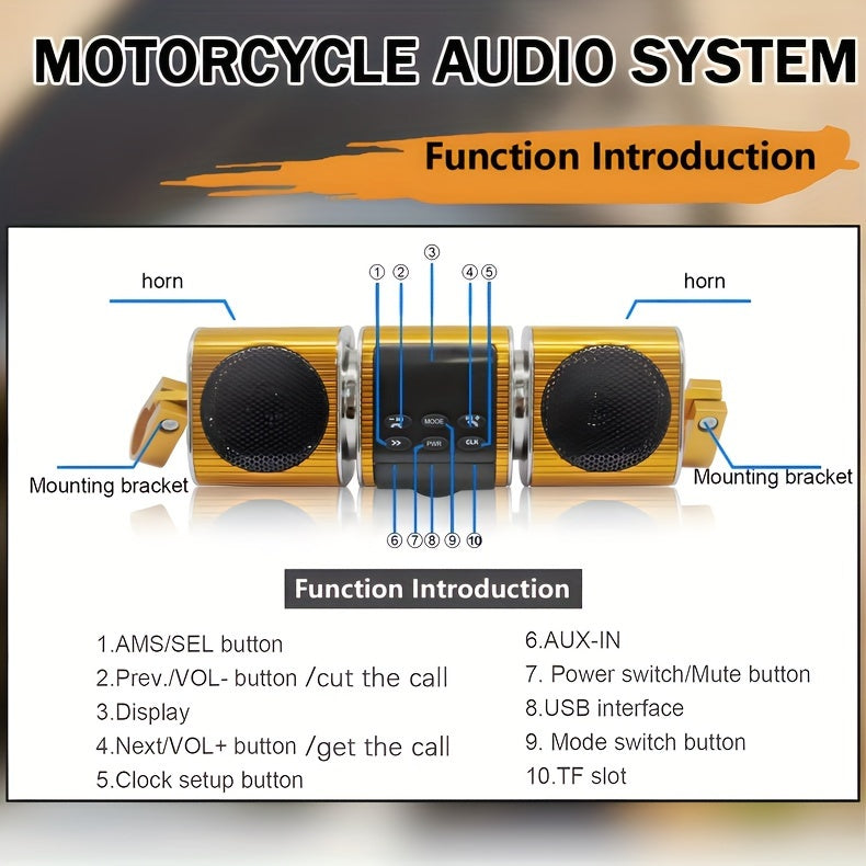 KORBROS Motorcycle Sound Bar With Built-in Amplifier - Wireless, IPX5 Waterproof, USB & AUX Inputs, FM Radio, 12V Metal MP3 Player For Off-Road Bikes, Without Battery