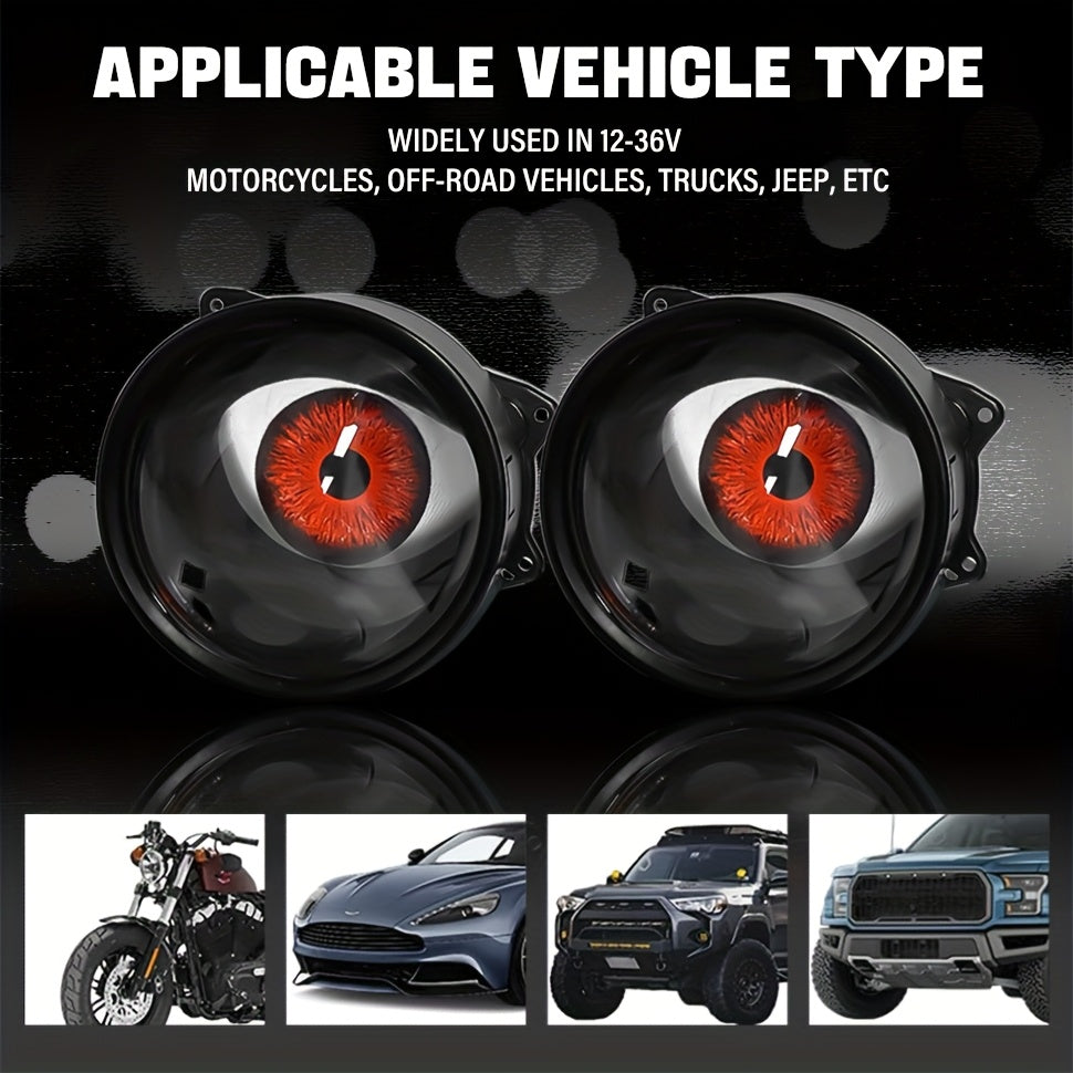 1/2pcs LED Dynamic Devil's Eyes, 6-Mode Adjustable Demon Eye Lights with Lens, 12V Off-road Atmosphere Lighting Kit, Cool Automotive Decoration, Perfect for Car Mods & Birthday Gifts