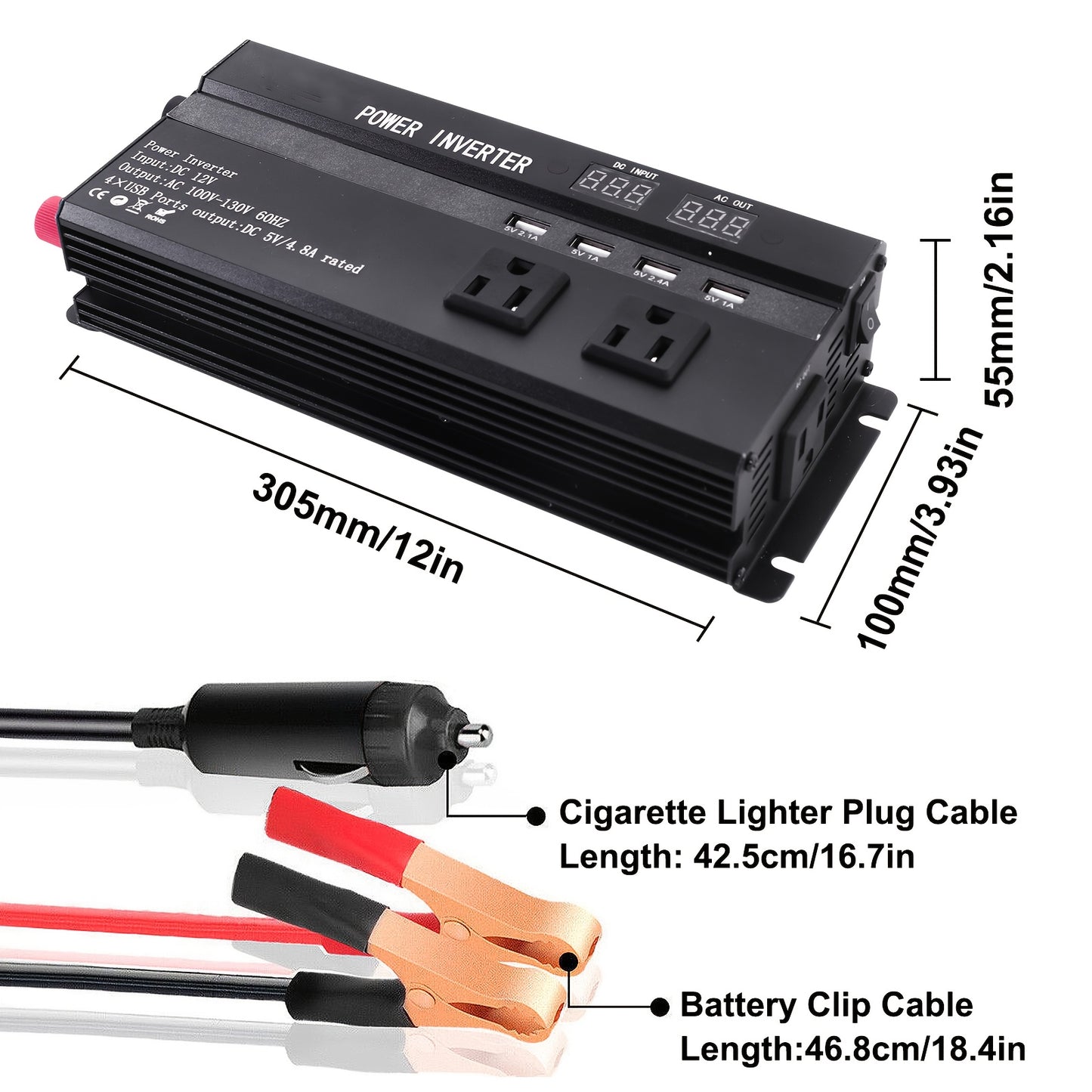 6600W Peak Power Inverter, Car Pure Sine Wave Inverter DC 12V to AC 110V LCD Digital Display, Compatible for Solar And Portable with USB Ports, US Sockets, Fast Charging for Vehicles Trucks Rvs And Other Vehicles