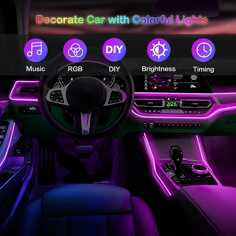 1 Set 236 Inches RGB 5in 1 Ambient LED Strip Lights Kit- Wireless App Controlled, 16 Million Colors, Sync to Music,  12V, Room Electrical/Hard Wiring, for Motor Vehicles, with Fiber Optic Cable