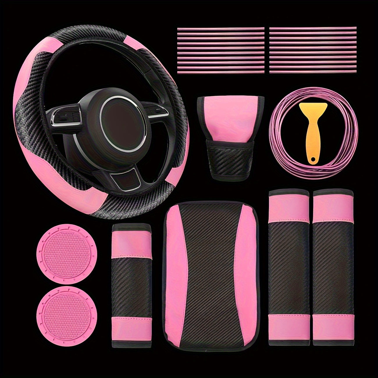 30pcs PU, Carbon Fiber Car Steering Wheel Cover, Car Air Outlet Decorative Strip Simple and Easy to Install, Universal Model