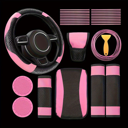 30pcs PU, Carbon Fiber Car Steering Wheel Cover, Car Air Outlet Decorative Strip Simple and Easy to Install, Universal Model
