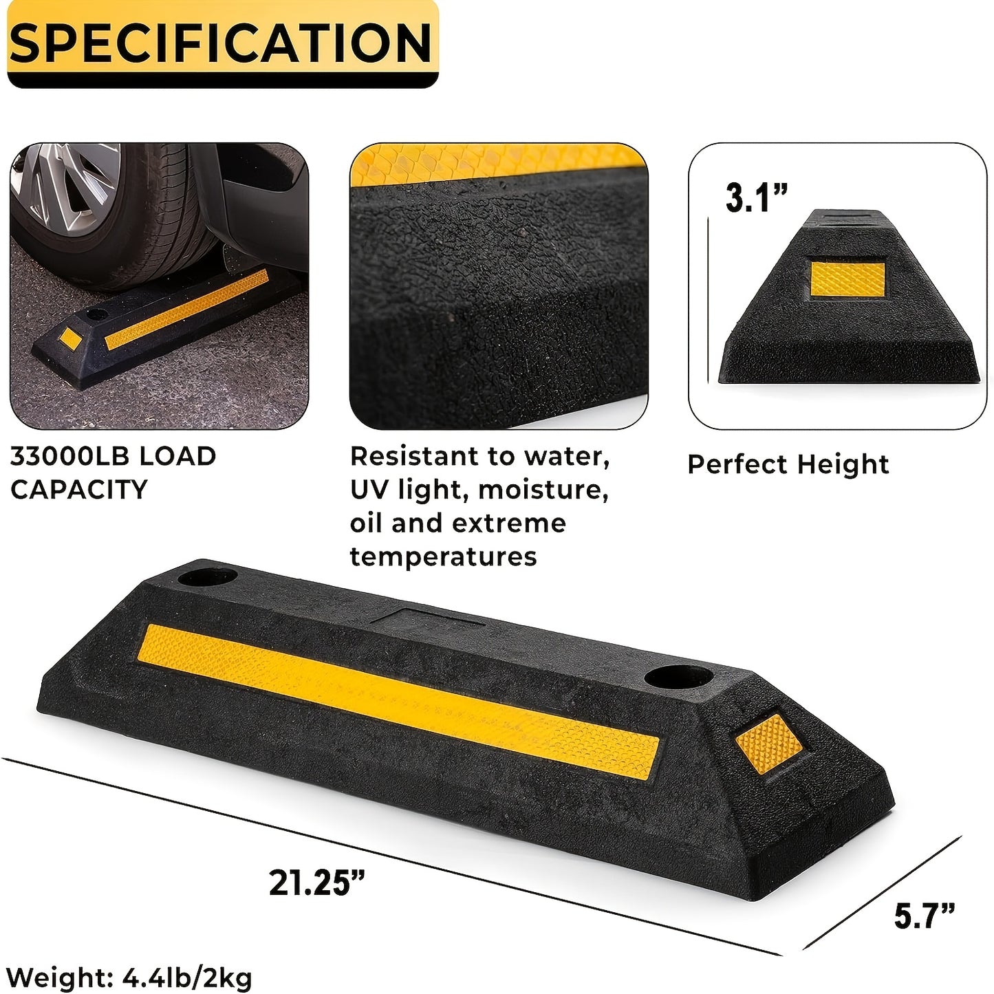 Heavy Duty Rubber Parking Guide - Premium Quality Durable Car Garage Wheel Stopper Professional Grade Park with Reflective Yellow Tape Curb