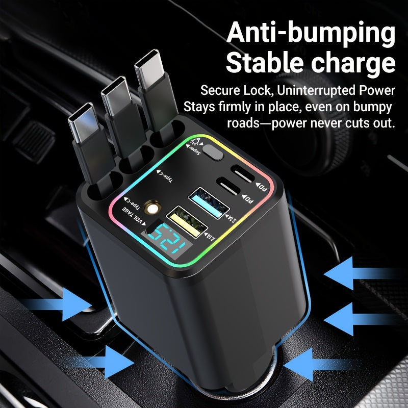 7-in-1 Car Fast Charging Mobile Phone Charger | Upgraded Color Light, 3 Extendable Cables, Fast Charging Interface, 180° Free Adjustment Angle, LED Intelligent Digital Display Screen, USB Connector, Universally Applicable, Without Battery