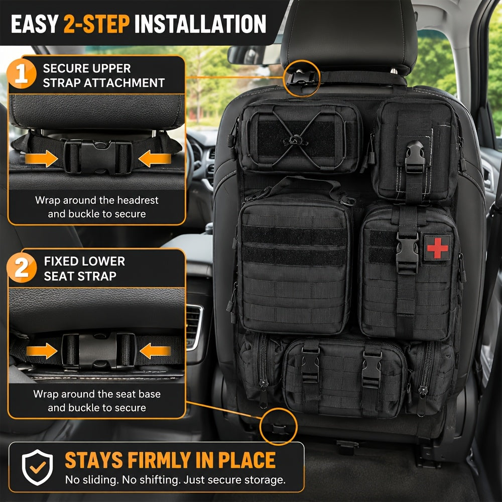 Car Seat Back Organizer with 5 MOLLE Pouches – Truck SUV Jeep Vehicle Panel Storage + 6 Keychains
