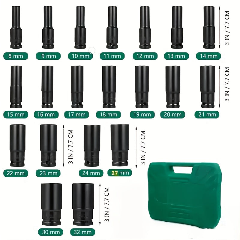 20pcs 1/2" Drive Metric Deep-impact Socket Set, Socket Set 8mm-32mm, Extended Hex Socket Set for Electric Wrenches, Extended Pneumatic Hex Sockets, Suitable for Electric Wrench Sockets, Automotive Repair And Nut Tools