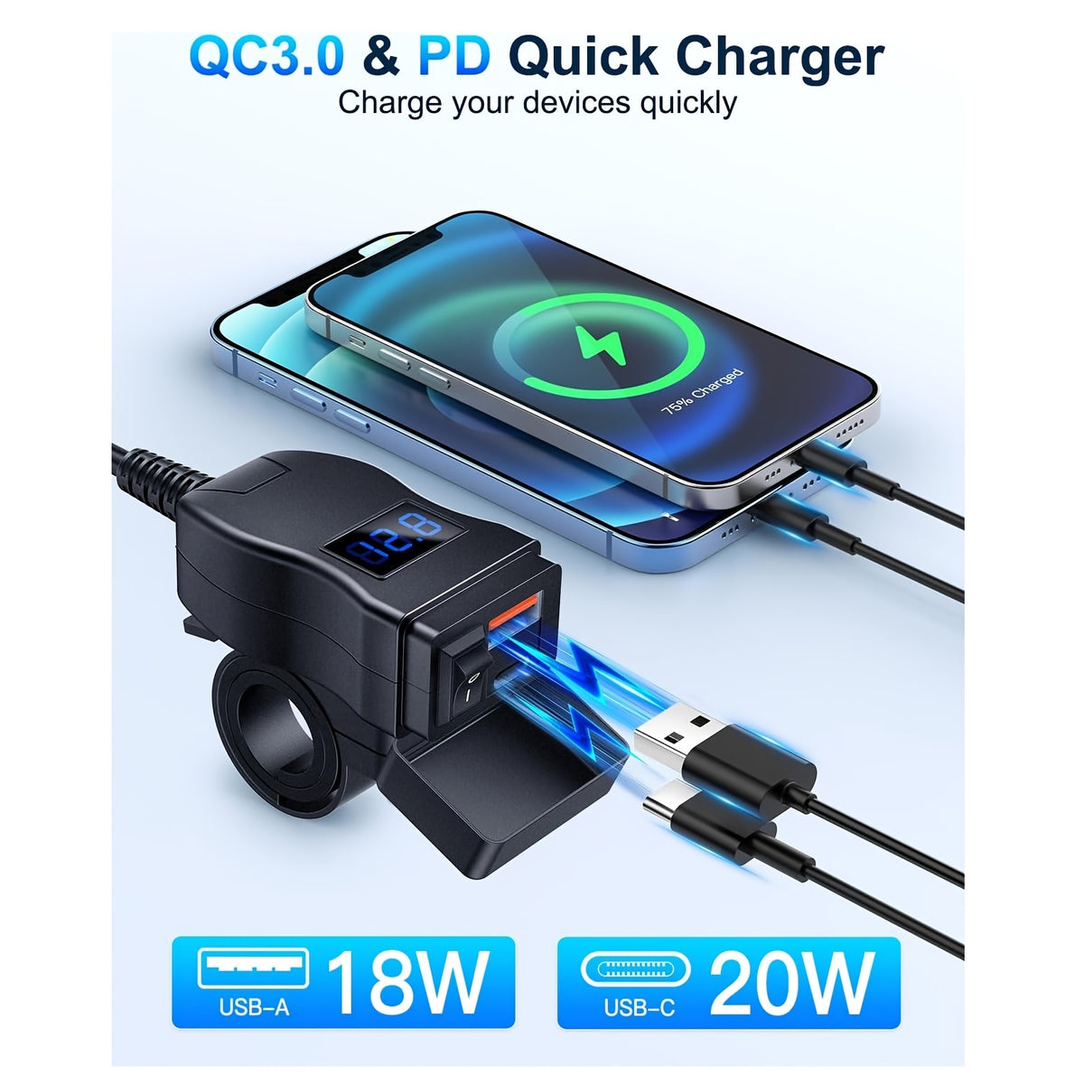 Motorcycle USB Charger Dual Port USB-C PD 20W + QC 3.0 18W Fast Charging with LED Voltmeter ON/OFF Switch SAE Connector 12-24V for Phone Tablet GPS