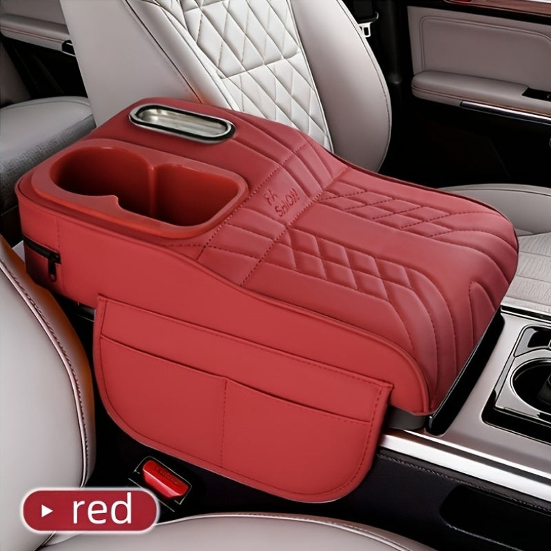 A Car Center Armrest Pad Designed to Elevate Height, Featuring a Tissue Box And a Cup Holder, Available in Various Colors for Storage