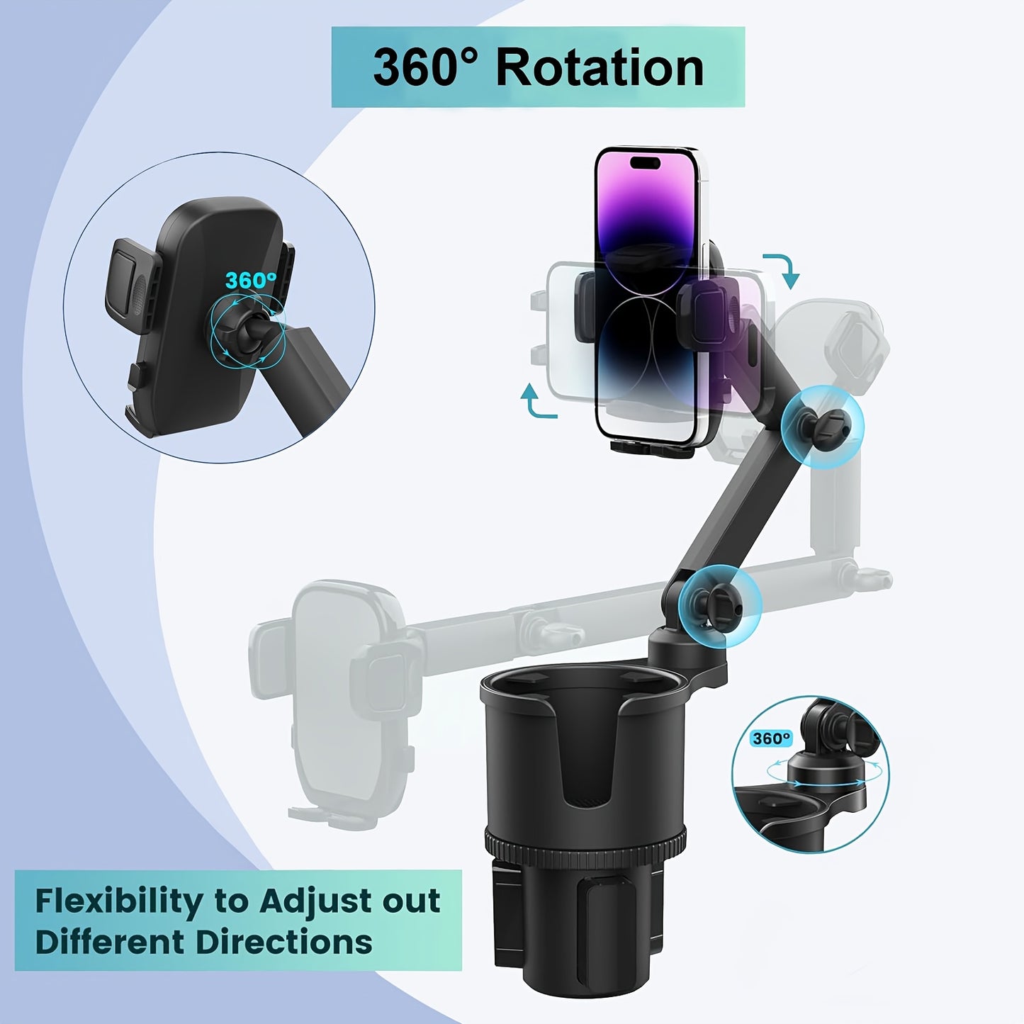 Cup Holder Phone Mount, 2-In-1 Cup Holder Expander for Car Long Arm with 360° Rotation Cup Holder Cell Phone Holder for Car Compatible with All Smartphones
