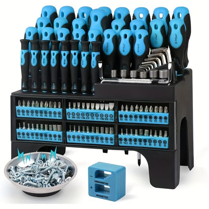 118pcs Magnetic Screwdriver Set with Plastic Organizer, Includes Precision, Slotted, Phillips, Hex, Pozidriv, Torx Screwdriver Set And Magnetizer Demagnetizer DIY Tools - Perfect Tools Gift for Men (Green/Red/Blue/Orange&Blue)