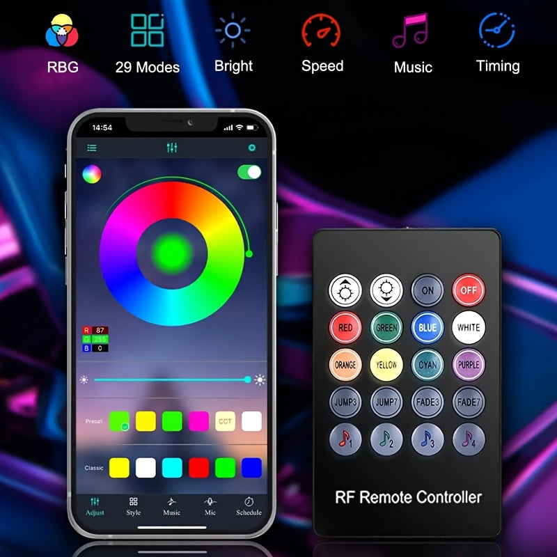 1 Set 236 Inches RGB 5in 1 Ambient LED Strip Lights Kit- Wireless App Controlled, 16 Million Colors, Sync to Music,  12V, Room Electrical/Hard Wiring, for Motor Vehicles, with Fiber Optic Cable