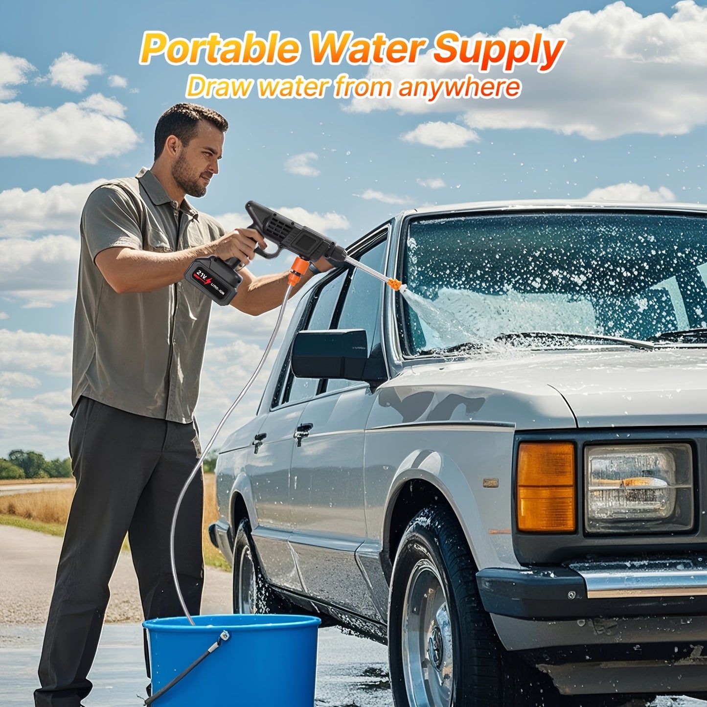 LOVEWE 300 Watt Cordless High Pressure Electric Car Wash - Equipped with 6-in-1 Nozzle, 1.3GPM Handheld Car Wash Gun, for Car Wash/Home/Floor/Garden Cleaning, Includes1/2 X 15000mAh Batteries, 60 Minutes Battery Life, for Independence Day