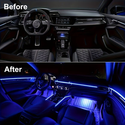 RGB Car Interior LED Light Kit, USB Powered with App & Remote Dual Control, Music Sync Fiber Optic Strip Lights for Dashboard & Door, Battery-Free Ambient Atmosphere Christmas Decorative Lighting, Easy Installation, DIY Car Mod
