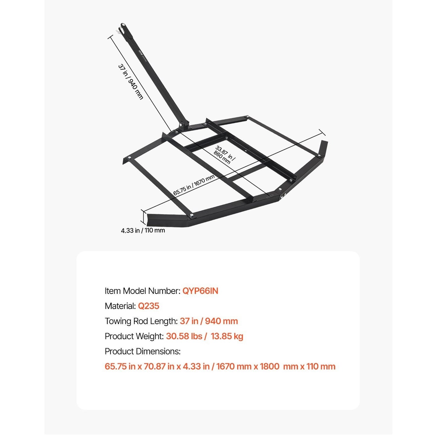 Drag Harrow 66/74/84" Width Tow Behind Drag Harrow Steel Gravel Grader ATV UTV