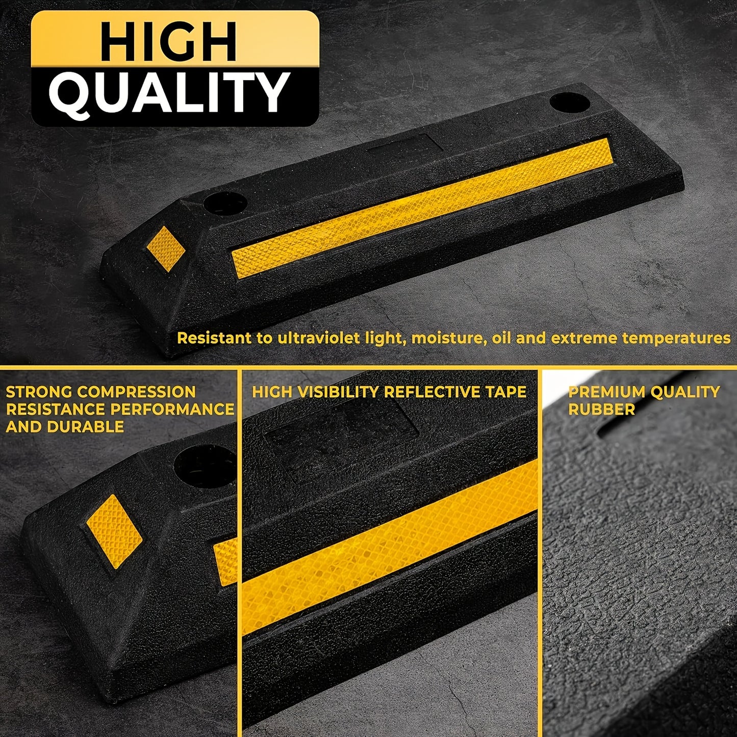 Heavy Duty Rubber Parking Guide - Premium Quality Durable Car Garage Wheel Stopper Professional Grade Park with Reflective Yellow Tape Curb