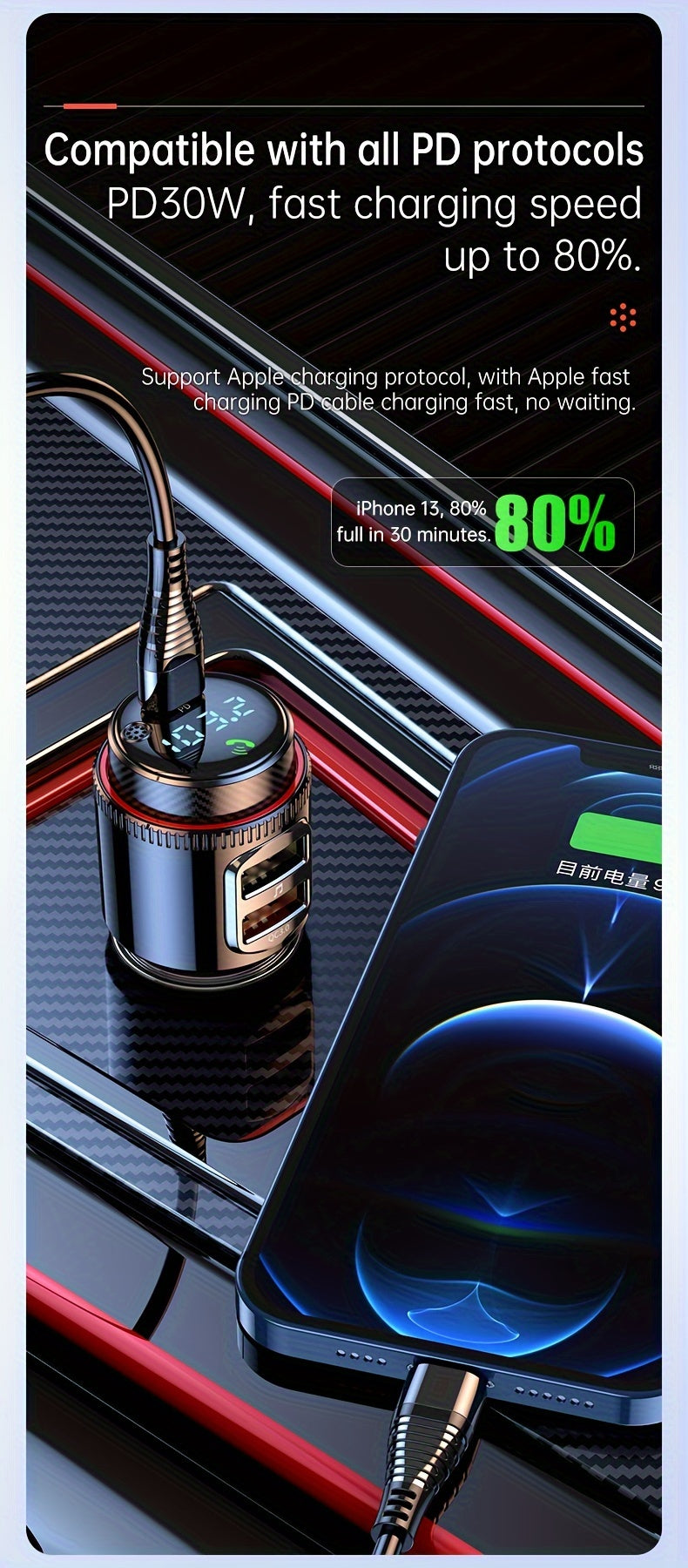 48W Car FM Transmitter 5.4 Adapter with Type-C PD30W And Qc3.0 USB Charger - Hi-Fi MP3 Player, Hands-Free Calls, LED Lights Father'S Day Gift for Mom Dad, Without Battery