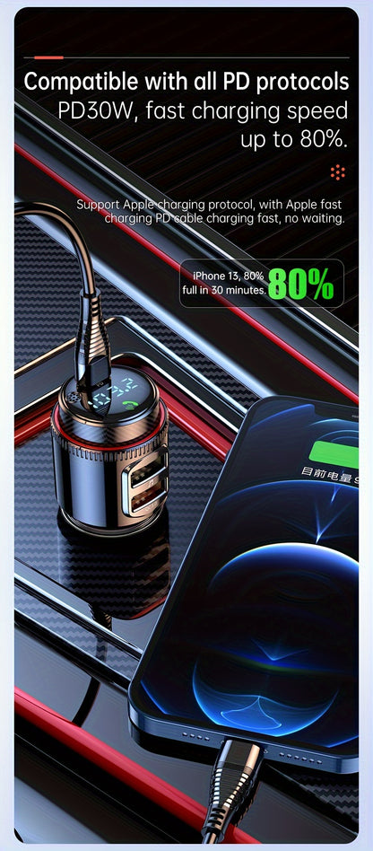 48W Car FM Transmitter 5.4 Adapter with Type-C PD30W And Qc3.0 USB Charger - Hi-Fi MP3 Player, Hands-Free Calls, LED Lights Father'S Day Gift for Mom Dad, Without Battery