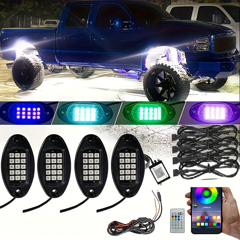 RGB-IC LED Rock Light Kit 4 or 8 Pods, APP & RF Control, Chasing Dream Color Underglow Downlight with Music Mode, 12V for Truck UTV Golf Cart Off-Road Vehicle