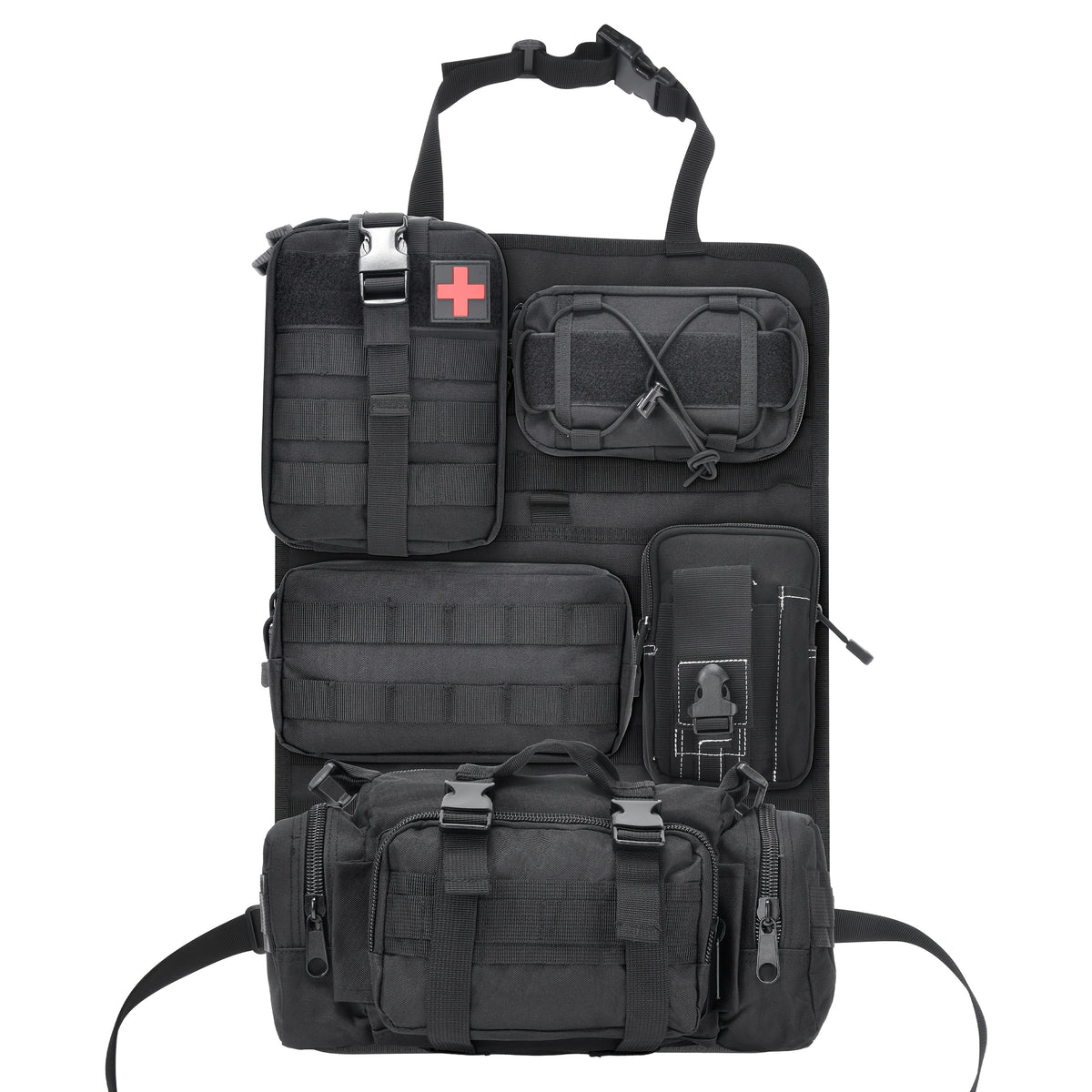 MOLLE Tactical Car Seat Organizer 5-Pocket – Heavy-Duty Nylon Seat Back Storage Bag | Universal Fit Jeep Truck SUV Off-Road Black