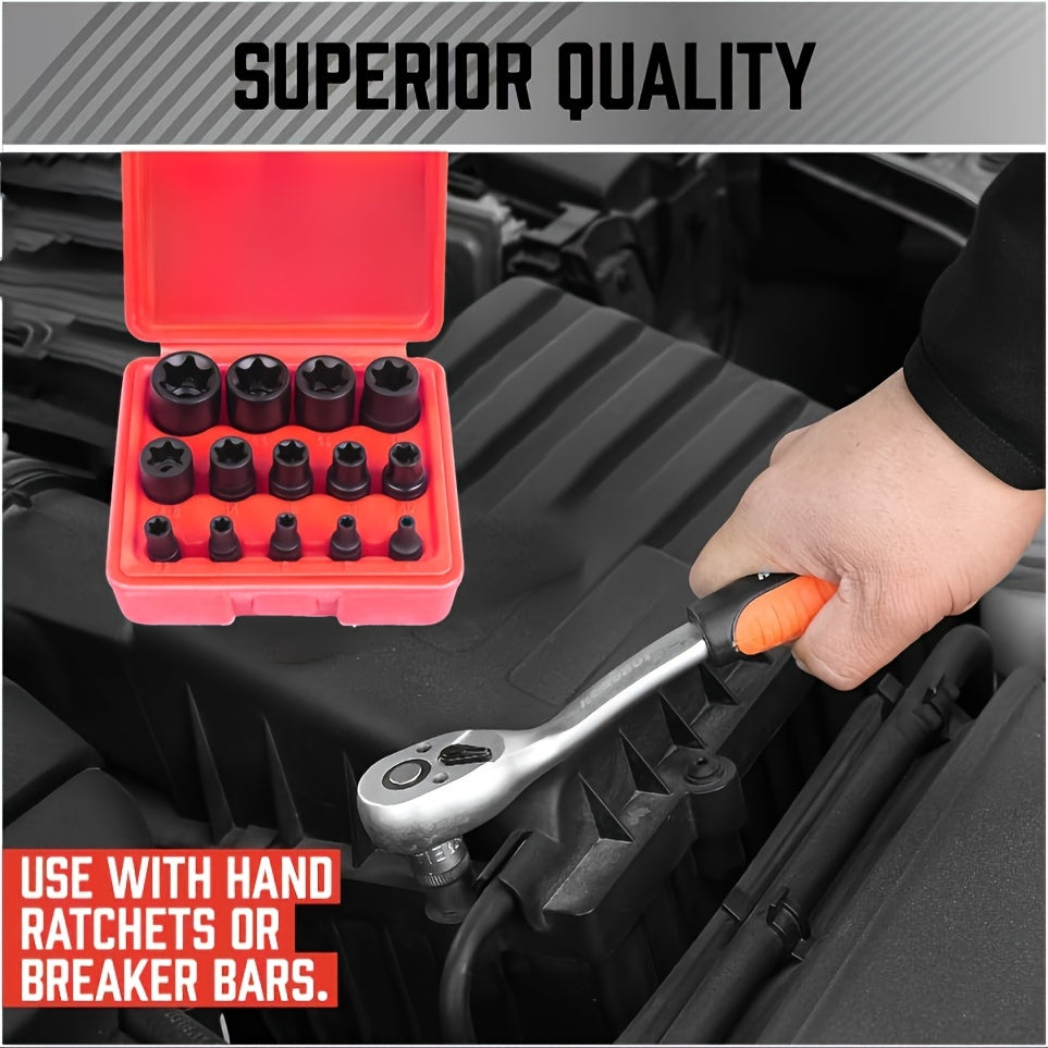 14pcs Female E-Torx Star Socket Set/Rail, 1/4" 3/8" 1/2" Drive, E24 External Torque Socket Set, Ultimate Star Socket Set, Torque Socket Set, External Plum Blossom Socket Set
