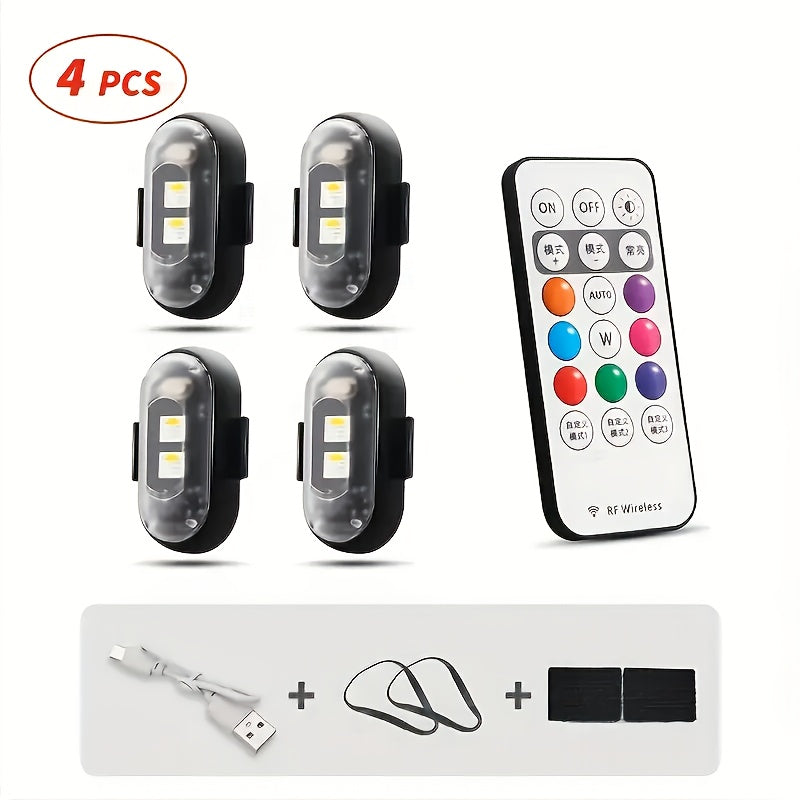 4/6pcs Wireless LED Strip Lights - 8-Color High-Brightness Anti-Collision Lighting with Remote Control, USB Charging, And Waterproof Design for Cars, Drones, Aircraft, Motorcycles, And Bikes