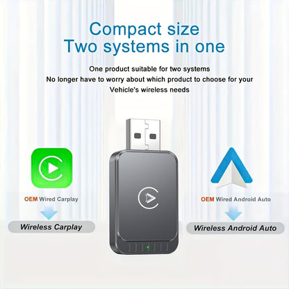 2-in-1wireless Carplay & Android Auto Ai Box, Compatible with 99% Original Cars-wired to Wireless Conversion (2.4-5.0GHz Wife5), Sthlish And Portable for iPhone Ios 10+/android 11+devices