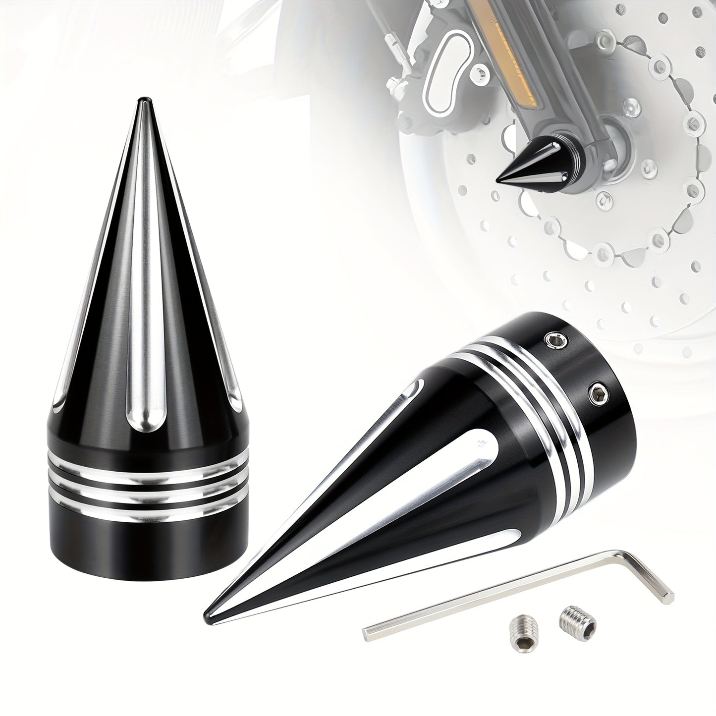 Motorcycle Front Axle Nut Covers CNC Spike Caps 3.6" – Fits Harley Touring Street Glide Road King Electra Glide Tri Glide 2008+, Black & Silver, Pair